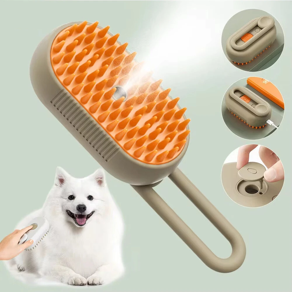 (image for) 3-in-1 Electric Pet Deshedding Brush Water Dog Spray Comb Massage USB Charging Soft Silicone Teeth Pet Grooming Tool