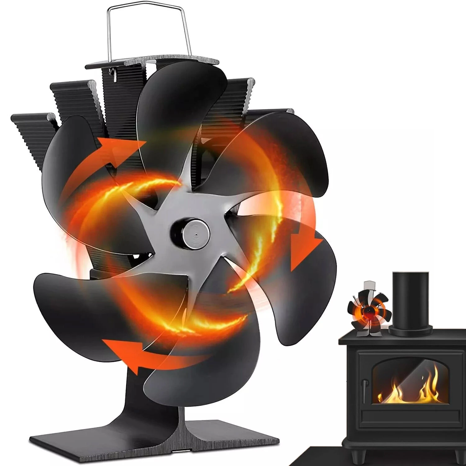(image for) IPRee 6 Blades Heat Powered Stove Fan Black Fireplace Fan Log Wood Burner Eco-fan Quiet Home Fireplace Fan Efficient Heat Distribution